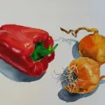 как нарисовать акварелью натюрморт с перцем и луком
