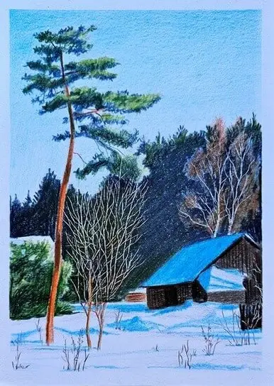 рисуем зимний пейзаж цветными карандашами