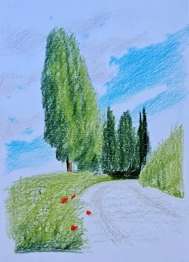 рисуем пейзаж с дорогой цветными карандашами