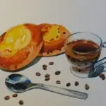 натюрморт с ватрушками и кофе акварелью
