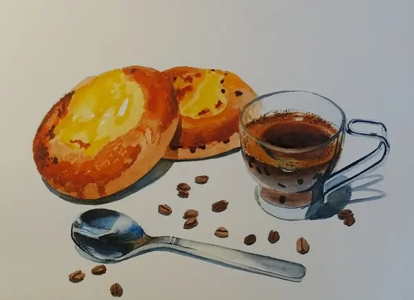 натюрморт с ватрушками и кофе акварелью