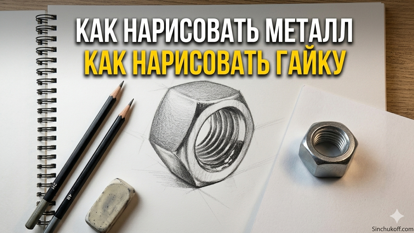 Академический рисунок металлической гайки — изучение светотени и текстуры стали