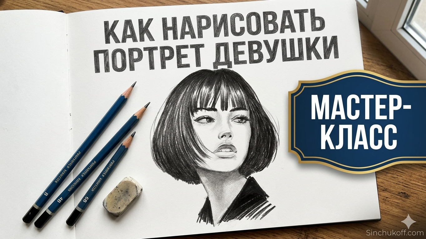 Портрет девушки с прической каре графитным карандашом — урок рисования от Юрия Синчукова