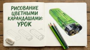 Рисунок прозрачной зеленой зажигалки цветными карандашами — пошаговый процесс.