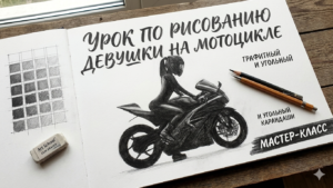 Графический набросок девушки на мотоцикле — техника силуэтного скетчинга карандашом