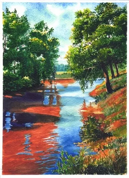 Рисование акварелью пейзажа с рекой